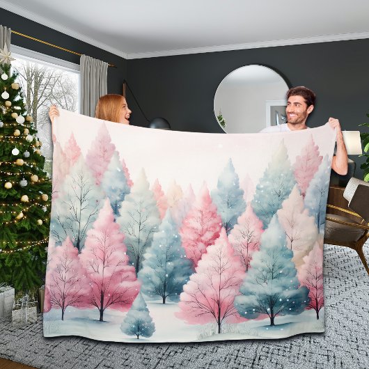 Minze und rosa Tannenbäume Winterlandschaft Fleecedecke