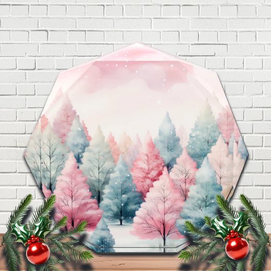 Minze und rosa Tannenbäume Winterlandschaft Fotoblock