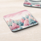Minze und rosa Tannenbäume Winterlandschaft Getränkeuntersetzer (Linke Seite)