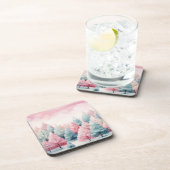 Minze und rosa Tannenbäume Winterlandschaft Getränkeuntersetzer (Rechte Seite)