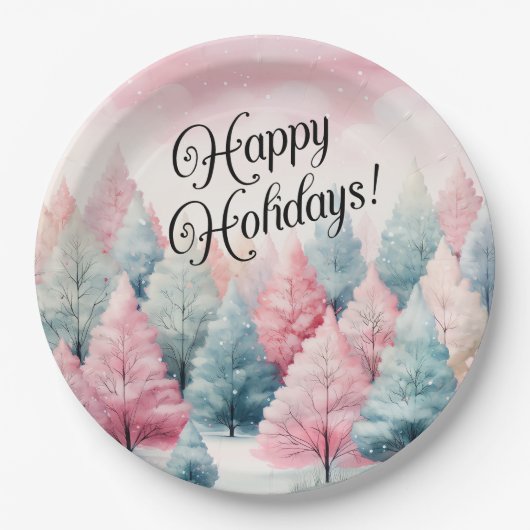 Minze und rosa Tannenbäume Winterlandschaft Pappteller (Vorderseite)