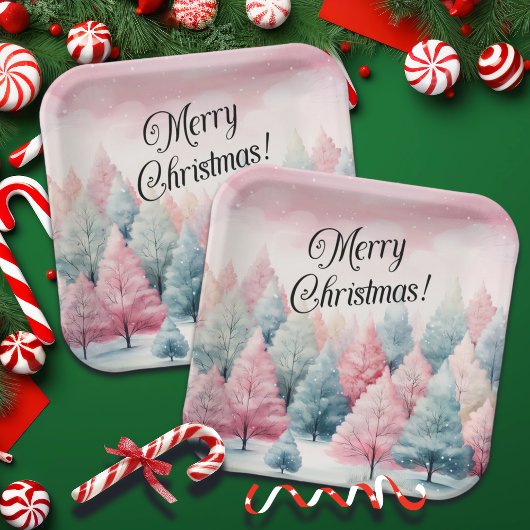 Minze und rosa Tannenbäume Winterlandschaft Pappteller