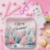 Minze und rosa Tannenbäume Winterlandschaft Pappteller (Party)