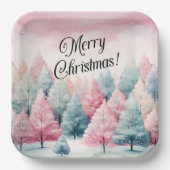 Minze und rosa Tannenbäume Winterlandschaft Pappteller (Vorderseite)