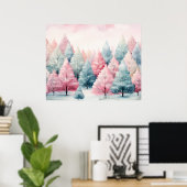 Minze und rosa Tannenbäume Winterlandschaft Poster (Heimbüro)