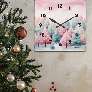 Minze und rosa Tannenbäume Winterlandschaft Quadratische Wanduhr