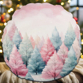 Minze und rosa Tannenbäume Winterlandschaft Rundes Kissen
