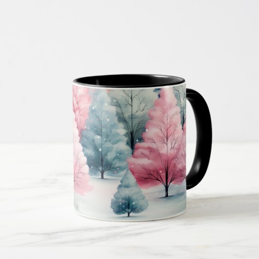 Minze und rosa Tannenbäume Winterlandschaft Tasse (VorderseiteRechts)