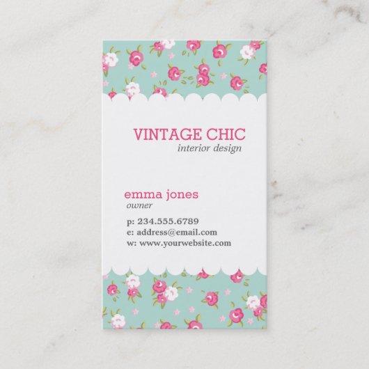 Minze und rosa Vintage Blumendrucke Visitenkarte (Vorderseite)