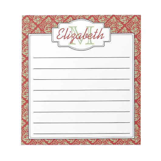 Minze und rote Monogramm Baum des Lebensmusters Notizblock (Vorderseite)