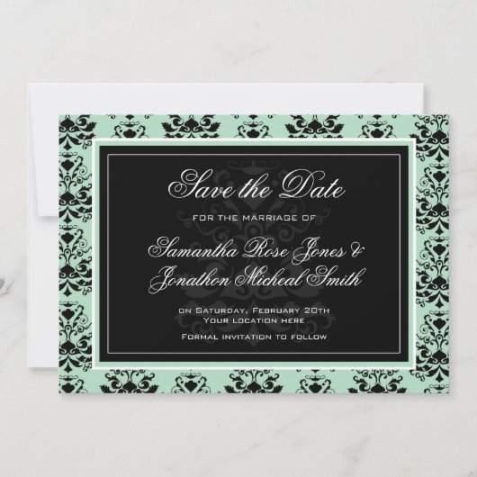 Minze und schwarze Damasken Hochzeit Save the Date (Vorderseite)