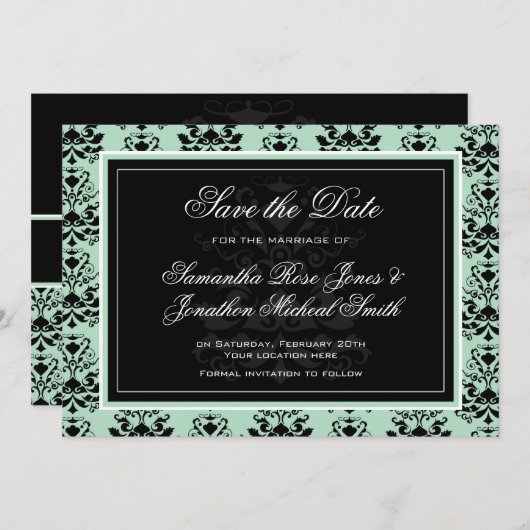 Minze und schwarze Damasken Hochzeit Save the Date (Vorne/Hinten)