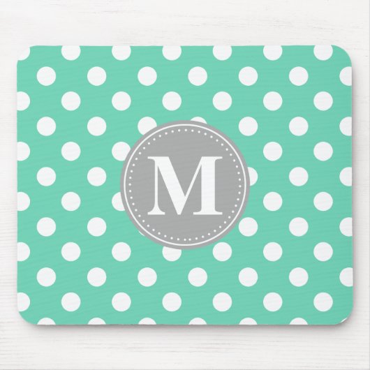 Minze und weiße Polka Dots Grau Monogramm Mousepad (Vorne)