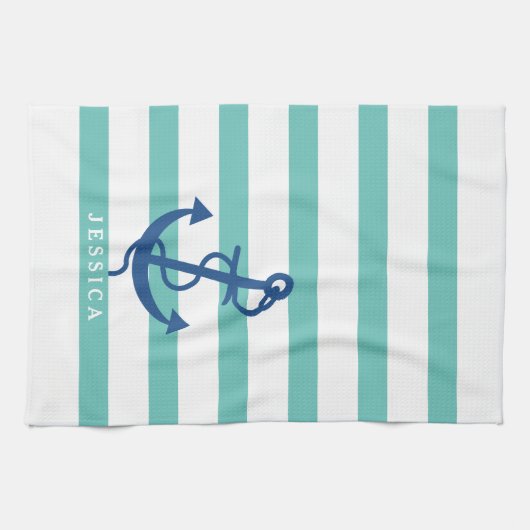Minze und weiße Streifen blauer Wasseranker 2 Geschirrtuch (Horizontal)