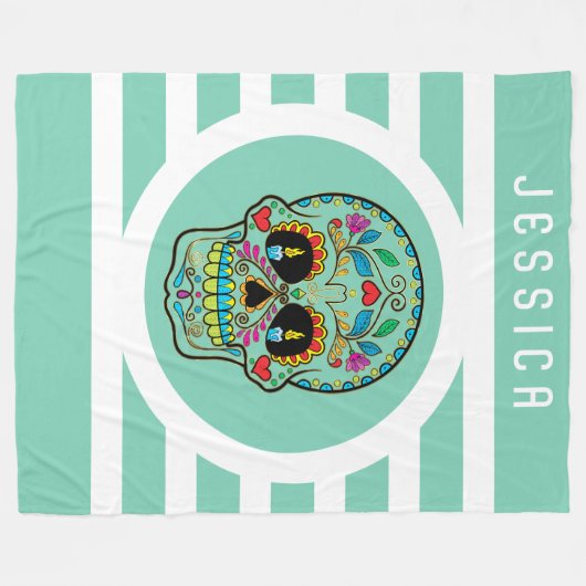 Minze und weiße Streifen mit Blumenzuckerschädel Fleecedecke (Vorderseite (Horizontal))