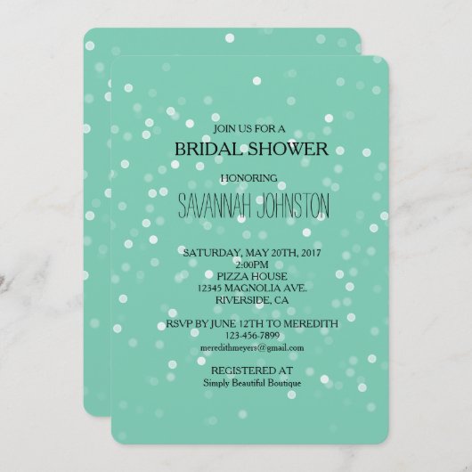 Minze und White Bokeh Confetti Brautparty Einladung (Vorne/Hinten)