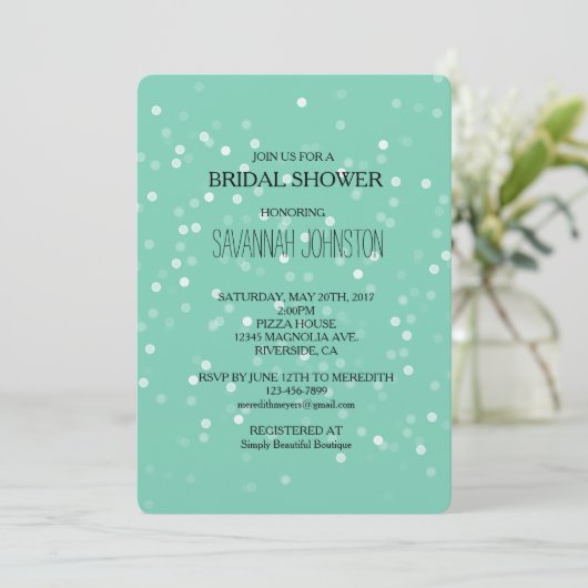 Minze und White Bokeh Confetti Brautparty Einladung (Stehend Vorderseite)