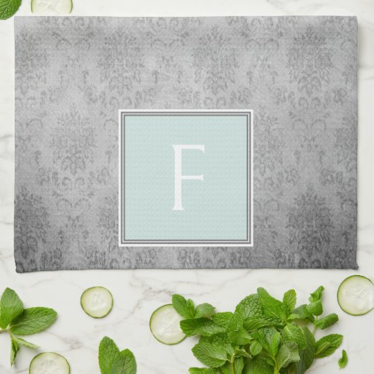 Minze Vintag Damask Monogramm Handtuch (Gefaltet)