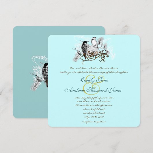 Minze Vintage Lovebirds Hochzeitseinladung Einladung (Vorne/Hinten)