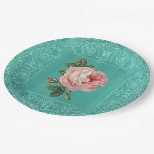 Minze Vintage Rose Papier Teller (Schrägansicht)