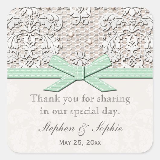 Minze Vintage Spitzen-Gastgeschenk Hochzeit Etiket Quadratischer Aufkleber (Vorderseite)