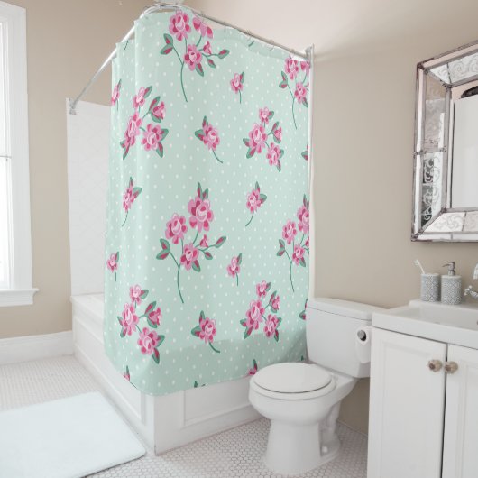Minze, weiße Polkapunkte, Shabby Chic, rosa Duschvorhang (Beispiel)