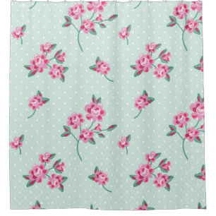 Minze, weiße Polkapunkte, Shabby Chic, rosa Duschvorhang
