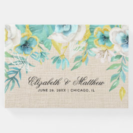 Minze, weißes Gelb-Blütenburlap Textur Hochzeit Gästebuch