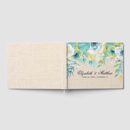Minze, weißes Gelb-Blütenburlap Textur Hochzeit Gästebuch (Voll)
