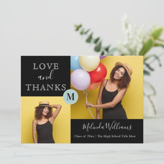 Minze & Yellow Monogram Foto Danke Abschluss Ankündigung (Stehend Vorderseite)