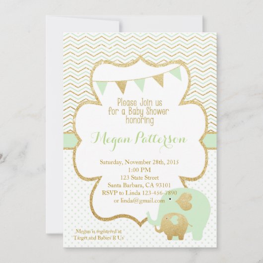 Minzen-und Goldelefant-Babyparty-Einladung Einladung (Vorderseite)