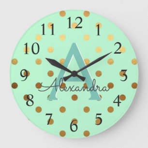 Minzen-und Goldfolien-Tupfen-Monogramm-Name Große Wanduhr
