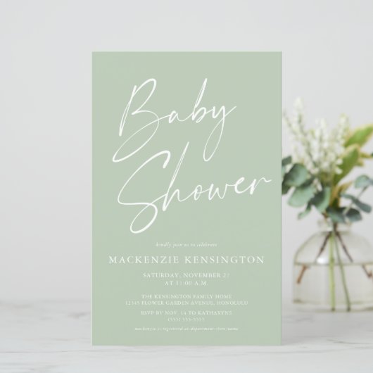 Minzensage Green Simple Script Baby Dusche (Stehend Vorderseite)
