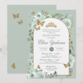 Minzensage Grüne Aquarellblume Quinceanera Einladung (Vorne/Hinten)