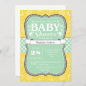 Minzgelbe graue Blume Kinderdusche Einladung (Vorne/Hinten)