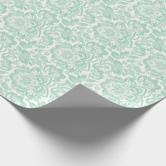 Minzgrün-barocke BlumenDamasken auf Weiß Geschenkpapier (Ecke)
