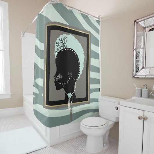 Minzgrün, Creme und schwarzer Zebradruck Duschvorhang (Beispiel)