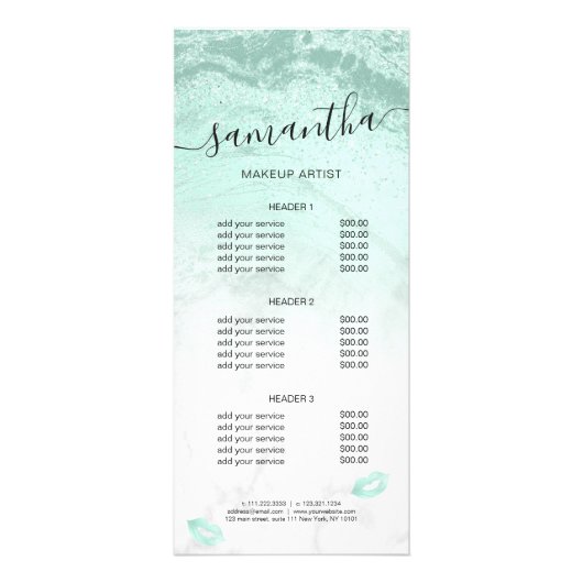 Minzgrün Glitzer Lippen Marmor Makeup Künstler Werbekarte (Vorne)