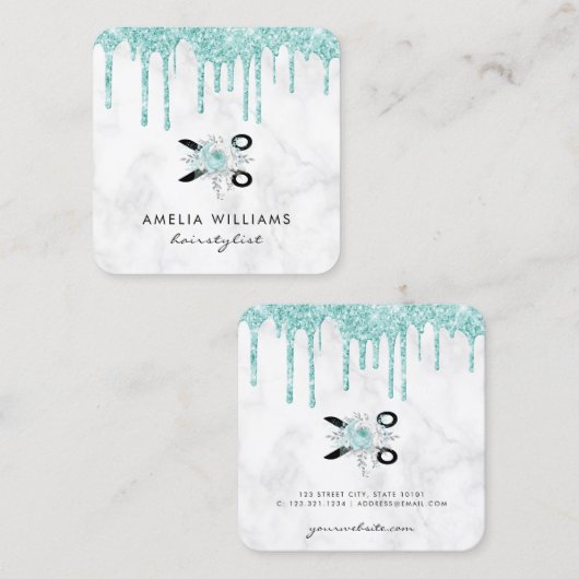 Minzgrün-Glitzer-Schere Quadratische Visitenkarte (Vorne/Hinten)