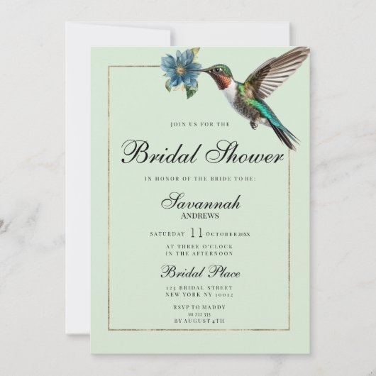 Minzgrün goldfarbenes Kolibri-Brautparty Einladung (Vorderseite)
