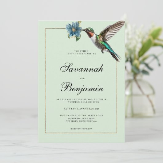 Minzgrün goldfarbige Kolibris-Hochzeit Einladung (Stehend Vorderseite)