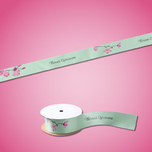 Minzgrün mit rosa Kirschblüten Personalisiert Satinband