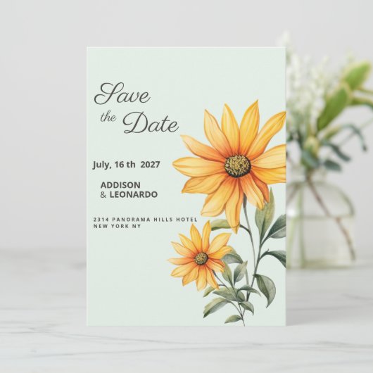 Minzgrün-orange-gelbe Sonnenblume Save the Date Einladung (Stehend Vorderseite)