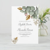 Minzgrün rosa Blattgold Blumenzehen Hochzeit Einladung (Stehend Vorderseite)