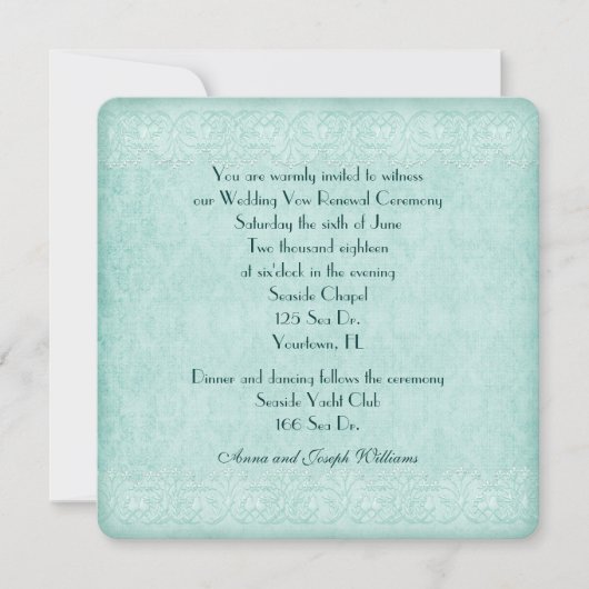 Minzgrün Spitze Hochzeitwochenende Erneuerung Einladung (Vorderseite)