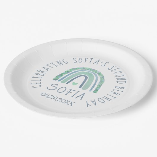 Minzgrün und blau-tönige Teller aus Regenbogenpapi (Schrägansicht)