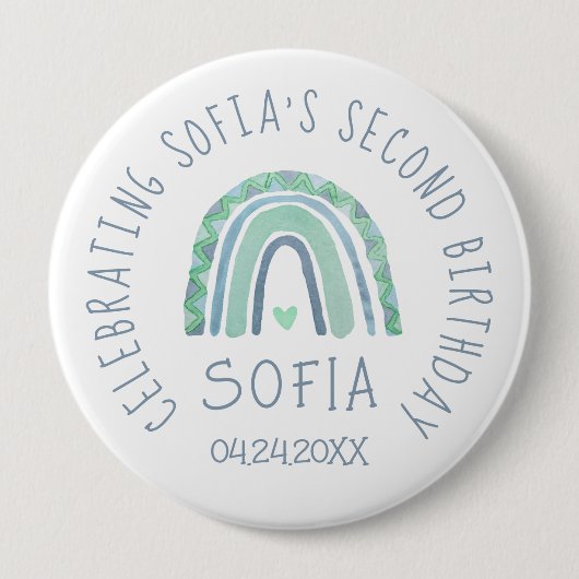 Minzgrün und blauer Boho Regenbogen Button (Vorderseite)