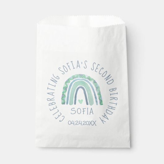 Minzgrün und blauer Boho Regenbogen Geschenktütchen (Vorderseite)