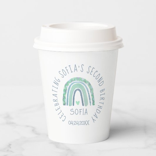 Minzgrün und blauer Boho Regenbogen Pappbecher (Rückseite)