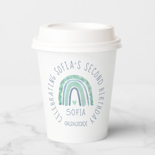 Minzgrün und blauer Boho Regenbogen Pappbecher (Vorderseite)